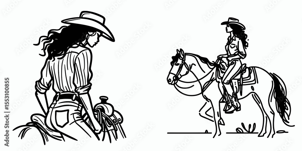 Fototapeta premium African American Cowgirl Saddling up. Western Cartoon Clipart Cowboy Silhouette Line Art Vector Illustration. Black female rancher mounting horse ready for adventure rural life.