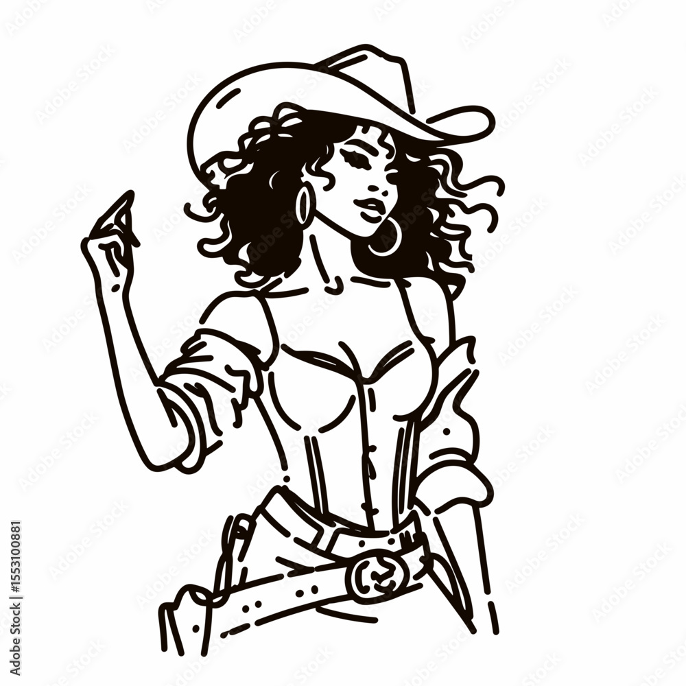 Fototapeta premium African American Cowgirl Saloon dancing. Western Cartoon Clipart Cowboy Silhouette Line Art Vector Illustration. Black ranch girl tavern jig entertainment style.