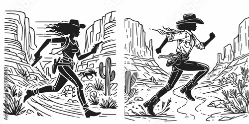 African American Cowgirl Running through canyon. Western Cartoon Clipart Cowboy Silhouette Line Art Vector Illustration. Black female equestrian jogging within gorge terrain.