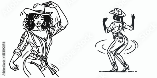 African American Cowgirl Saloon dancing. Western Cartoon Clipart Cowboy Silhouette Line Art Vector Illustration. Black female rancher tavern jig a hoedown at public drinking establishment.