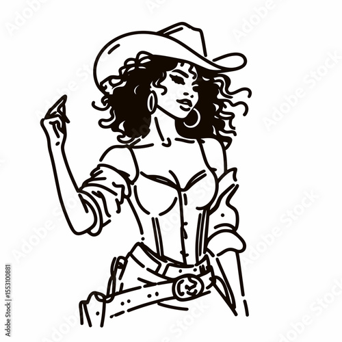 African American Cowgirl Saloon dancing. Western Cartoon Clipart Cowboy Silhouette Line Art Vector Illustration. Black ranch girl tavern jig entertainment style.