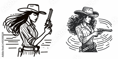 African American Cowgirl Spinning revolver. Western Cartoon Clipart Cowboy Silhouette Line Art Vector Illustration. Black woman twirling handgun old west action ranch lifestyle theme.