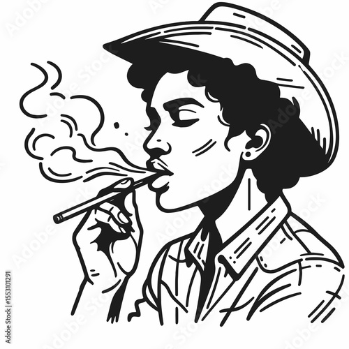 African American Cowgirl Spitting tobacco. Western Cartoon Clipart Cowboy Silhouette Line Art Vector Illustration. Black female rancher expectorating chew a vintage action depiction.