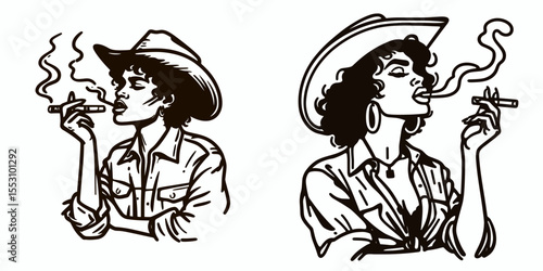 African American Cowgirl Smoking a cigar. Western Cartoon Clipart Cowboy Silhouette Line Art Vector Illustration. Dark-skinned female rancher puffing stogie black heritage persona.
