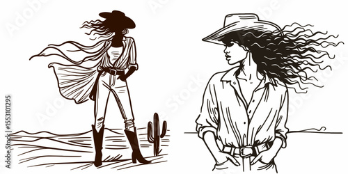 African American Cowgirl Standing in desert wind. Western Cartoon Clipart Cowboy Silhouette Line Art Vector Illustration. Black woman rancher alone by wasteland gale female figure.