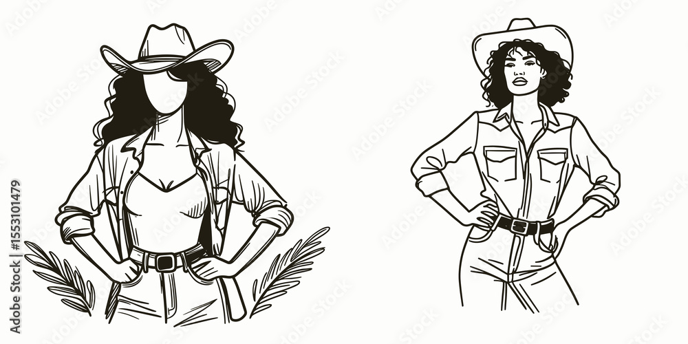 Fototapeta premium African American Cowgirl Standing with hands on hips. Western Cartoon Clipart Cowboy Silhouette Line Art Vector Illustration. Black female rancher posing arms waist heritage portrait.