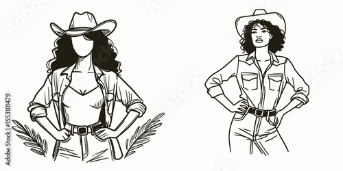 African American Cowgirl Standing with hands on hips. Western Cartoon Clipart Cowboy Silhouette Line Art Vector Illustration. Black female rancher posing arms waist heritage portrait.
