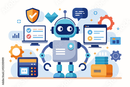 Vector illustration of a human developer working on a laptop with the assistance of a friendly AI robot. 