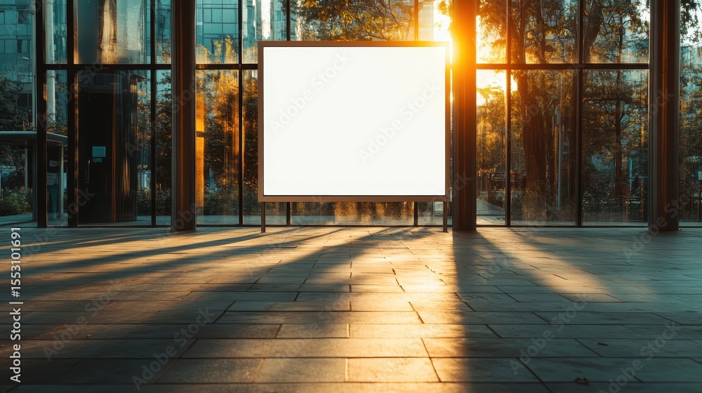 A minimalist billboard stands in a modern glass structure, bathed in the warm glow of sunset, highlighting its empty canvas for potential advertisements in a tranquil setting. A minimalist billboard stands in a modern glass structure, bathed in the warm glow of sunset, highlighting its empty canvas for potential advertisements in a tranquil setting.