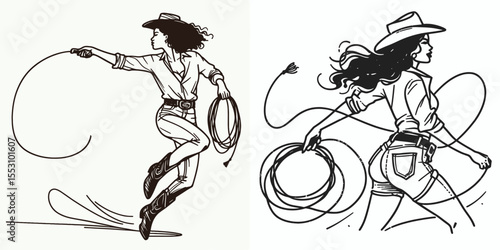 African American Cowgirl Throwing a rope. Western Cartoon Clipart Cowboy Silhouette Line Art Vector Illustration. Black lady rancher heaving cord equine sport activity rodeo theme.