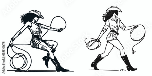 African American Cowgirl Throwing a rope. Western Cartoon Clipart Cowboy Silhouette Line Art Vector Illustration. Black female rancher flinging cord rodeo action picture for the wild west.
