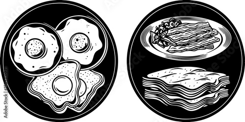 Illustration of breakfast plate with eggs and a plate of pancakes in black and white style