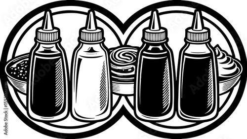 Illustration of four squeeze bottles and two bowls in a black and white circular composition design