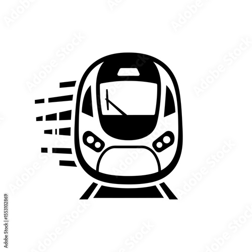 A black and white graphic of a modern high speed train moving forward with motion blur effect on the side