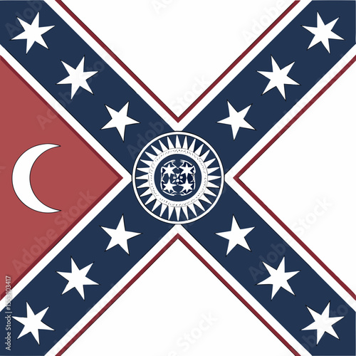 intricate flag design,vintage flag pattern,ornate star design,crescent moon symbol,patriotic emblem,decorative heraldic elements,red white and blue color scheme,classic americana motif,detailed repeat
