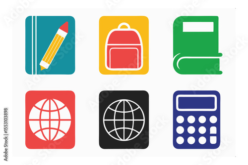School essentials: A vibrant arrangement of school essentials, perfectly rendered in a modern flat design with bright colors. It's a clean and captivating depiction.