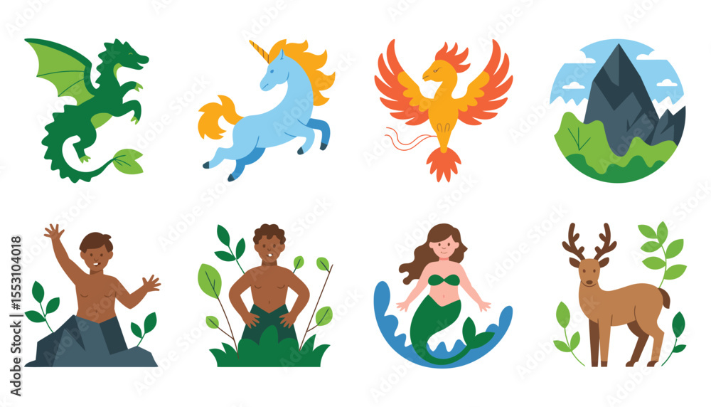 Fototapeta premium A vector set of diverse family and nature-themed cartoon icons and illustrations