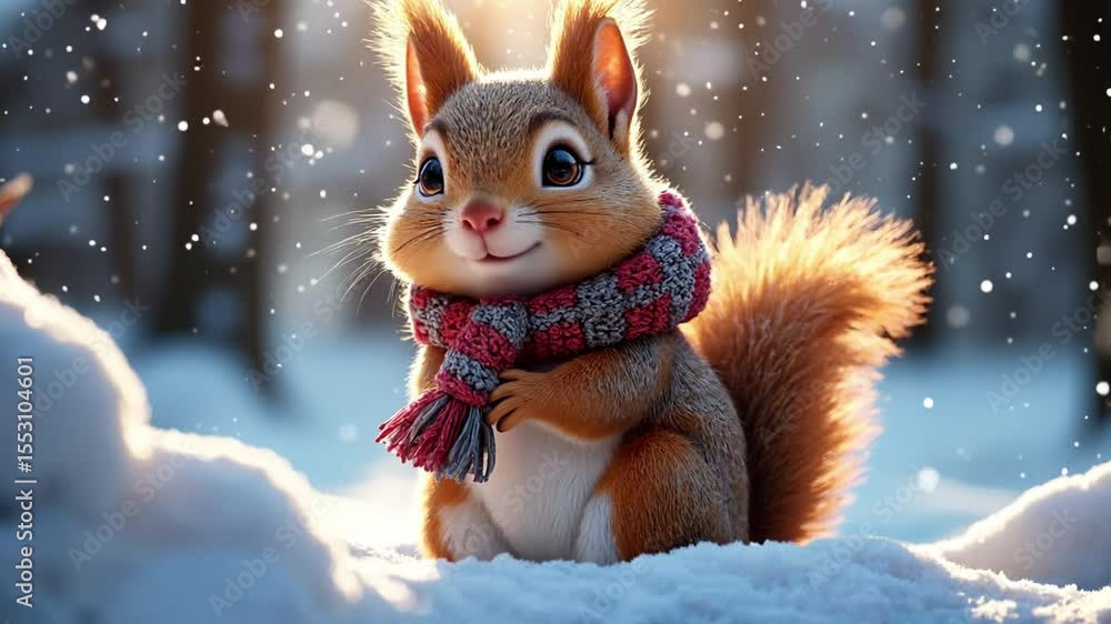 A charming squirrel in winter attire enjoying a snowy day in the forest creating winter wonderland A charming squirrel in winter attire enjoying a snowy day in the forest creating winter wonderland