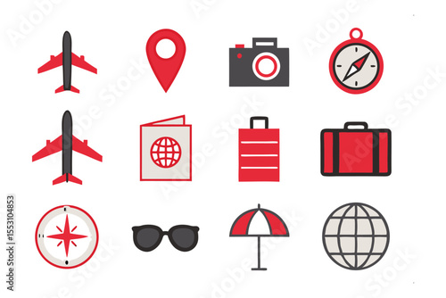 Essential Travel Icons: A collection of travel-themed icons showcasing various elements, perfect for designs related to vacations, holidays, and tourism.