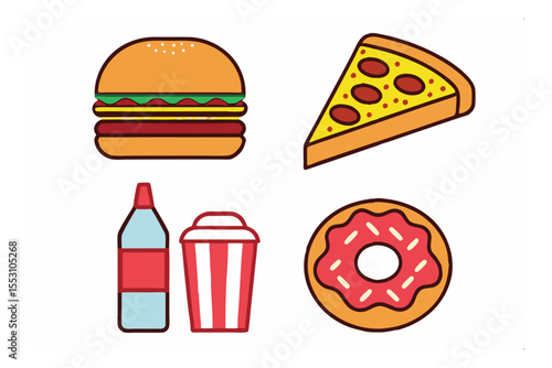 Delightful Assortment: An illustrated arrangement of a burger, pizza slice, soda, fries, and donut that captures the essence of mouthwatering comfort and delightful flavors.