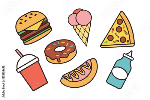 Junk Food Icons: A vibrant collection of junk food icons, including burger, ice cream, pizza, donut, hot dog, and soda, perfect for illustrating unhealthy food choices or fast food concepts.
