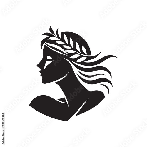 Silhouette of a woman with flowing hair and laurel wreath.
