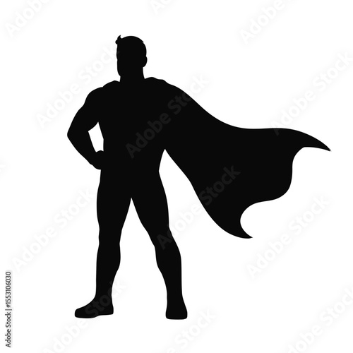 Silhouette Superhero Hero Standing with Cape in Confident Heroic Pose