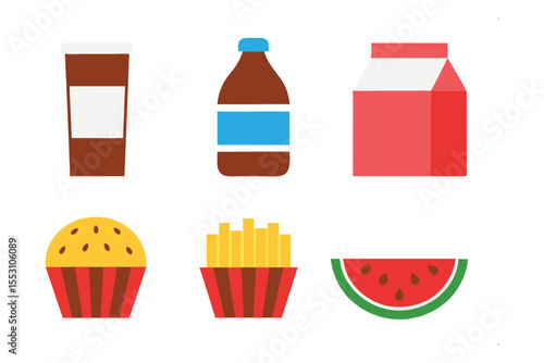 Flat Lay of Food and Drinks: An artful arrangement of drink and food essentials captured in a vibrant flat lay illustration.