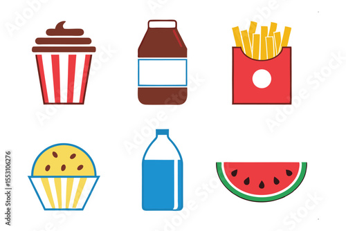Sweet and Savory Treats: A colorful flat lay of assorted delectable treats, including a cupcake, french fries, watermelon, muffin, and milk.
