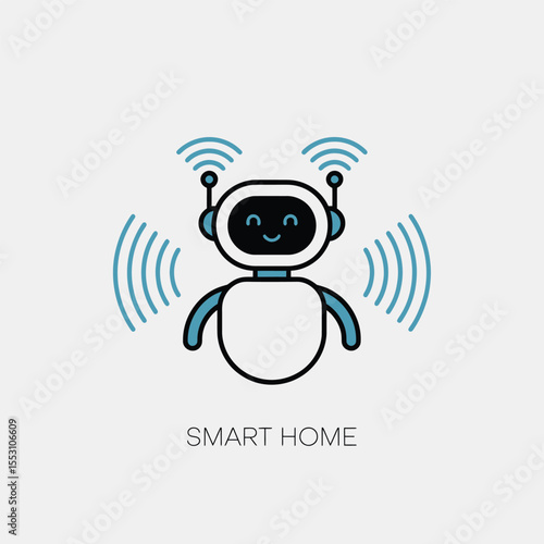 White Friendly Robot Character Smart Home Automation System Icon Light Blue Antennae Wireless Signals Happy Expression Simple Line Art Design