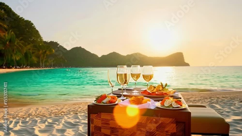 Elegant Beachside Dining Experience with Champagne Glasses and Tropical Dishes on Sandy Shoreline