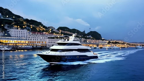 Elegant luxury yacht sailing in scenic harbor against backdrop of illuminated city skyline at twilight