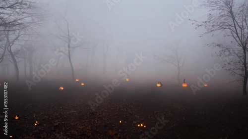 Foggy Forest with Glowing Jack-o'-Lanterns, Eerie Atmosphere, Haunted Halloween Vibes and Spooky Scenery