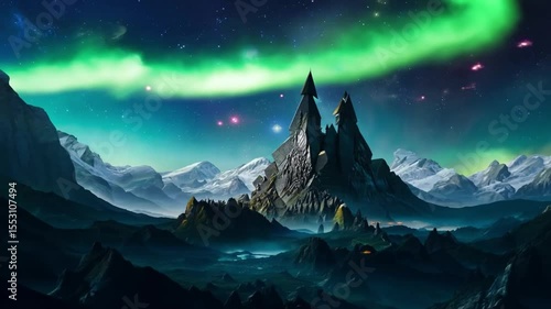 Enchanted medieval castle beneath shimmering aurora in magical fantasy landscape at twilight