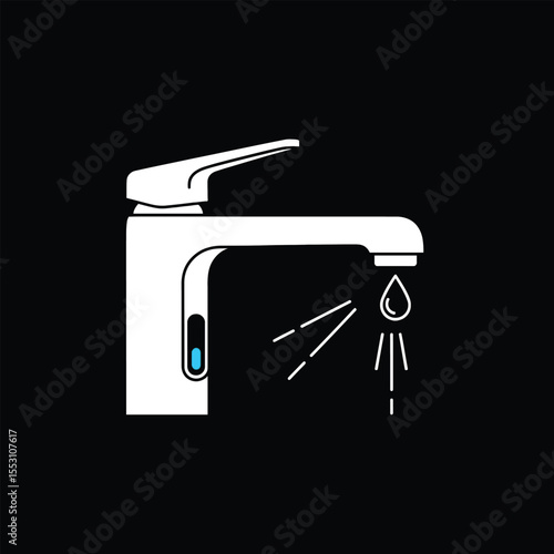 White Modern Faucet with Blue Sensor Detail Dripping Water Drop Black Background Simple Minimalist Line Art Style Illustration