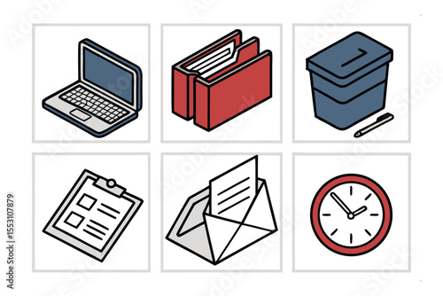Essentials of Productivity: A visually appealing collection of essential items for efficient work, set against a neutral background. Featuring a laptop, file, ballot box, pen, clipboard.