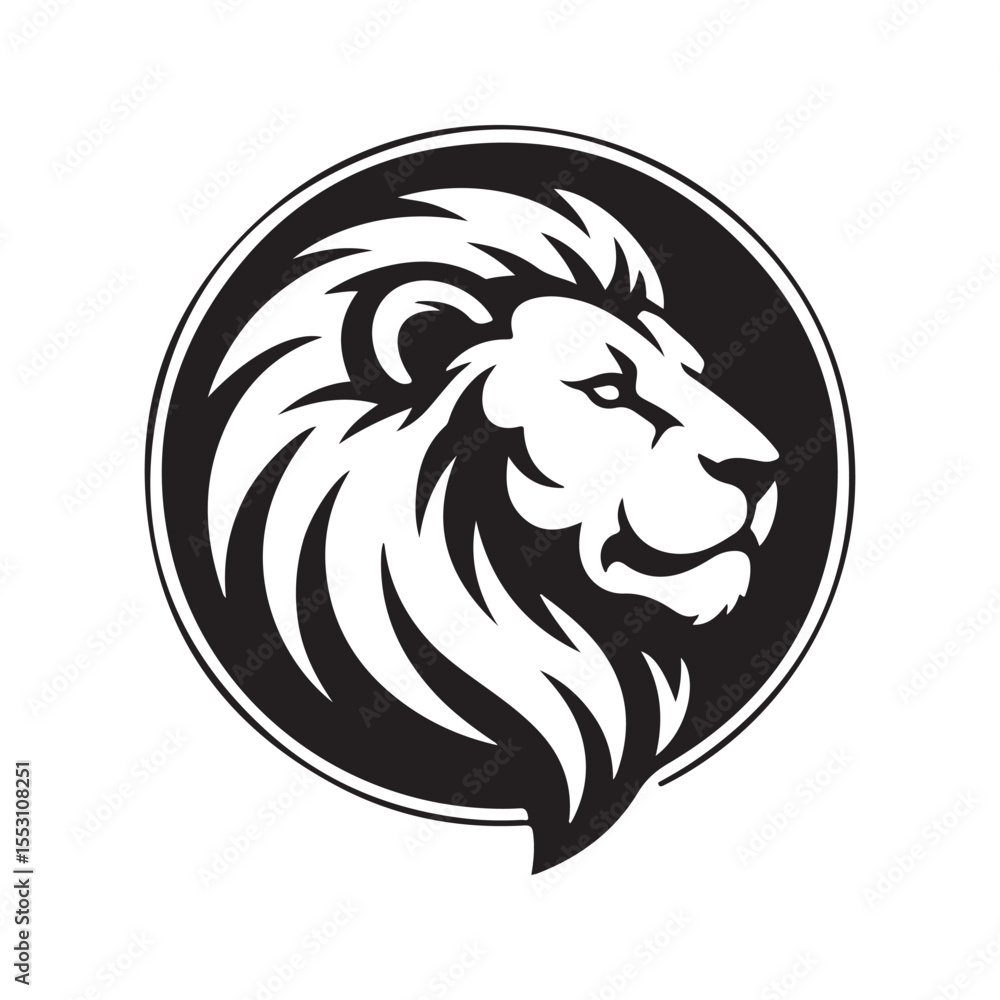 Fototapeta premium Black and White Lion Head Profile in Circular Emblem