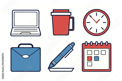 Office Essentials Illustration: A modern and clean flat illustration featuring essential office supplies, perfect for various business and design applications. 