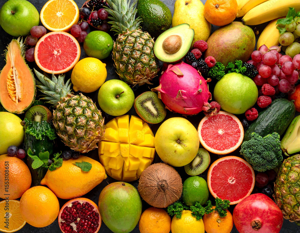A vibrant, asymmetrical arrangement of exotic fruits and vegetables, bursting with contrasting, intense natural colors. A vibrant, asymmetrical arrangement of exotic fruits and vegetables, bursting with contrasting, intense natural colors.