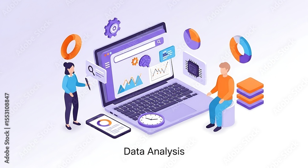 Gleaming laptop screen displaying charts with two figures modern data analysis future tech orange tones minimalist Gleaming laptop screen displaying charts with two figures modern data analysis future tech orange tones minimalist