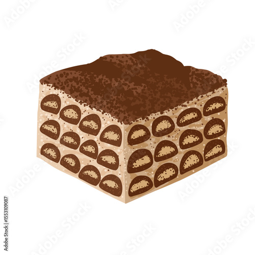 Classic Italian tiramisu dessert. Isolated hand drawn sweet food illustration. Layered dessert for cafe menu, food packaging, Italian cuisine design, branding, bakery visuals, stickers