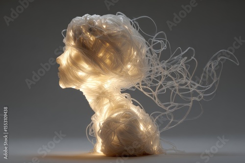 Abstract sculpted female portrait, illuminated by glowing threads.