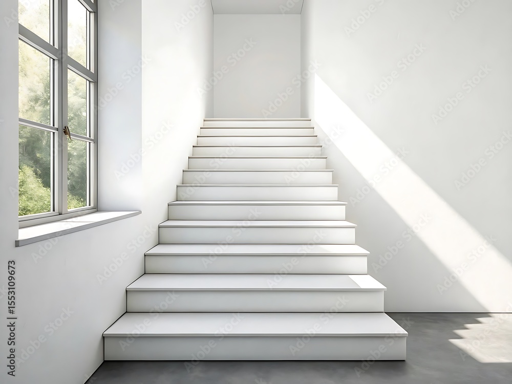 Minimalist white staircase bathed in natural light from a large window Minimalist white staircase bathed in natural light from a large window