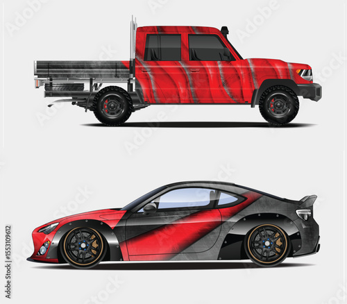 Customized Red and Black Truck and Sports Car with Unique Designs