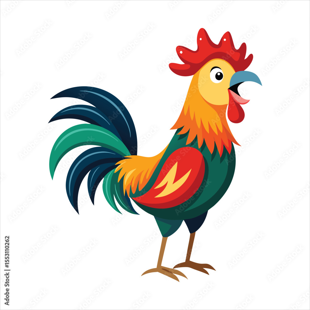 Fototapeta premium Cartoon rooster with colorful feathers isolated on white background