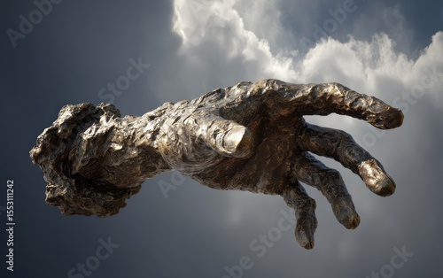 Bronze hand sculpture reaching upward against a cloudy sky.