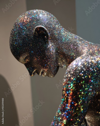 A figure adorned with iridescent sequins.
