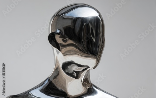 Polished metal head sculpture, a reflective portrait.