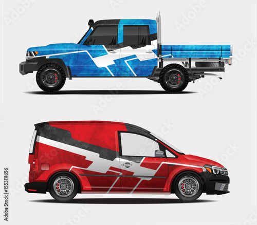 Customized Pickup Truck and Cargo Van with Unique Graphics and Color Schemes