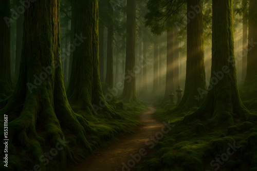 Misty moss-covered forest path with sunbeams through ancient cedar trees, tranquil and mystical nature scene